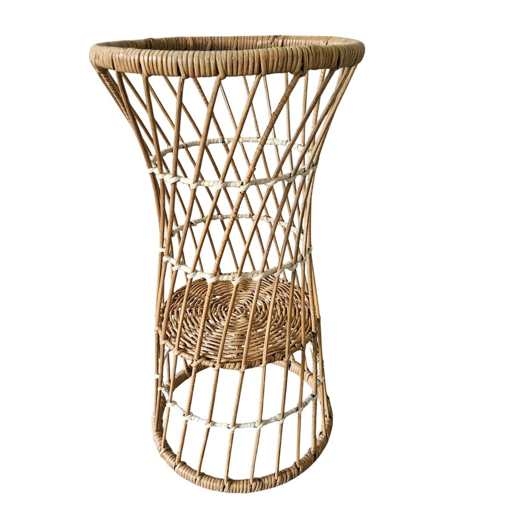 Vintage Rattan Wicker‎ Plant Stand 23" Hourglass Boho Mid Century Modern 2-Tier